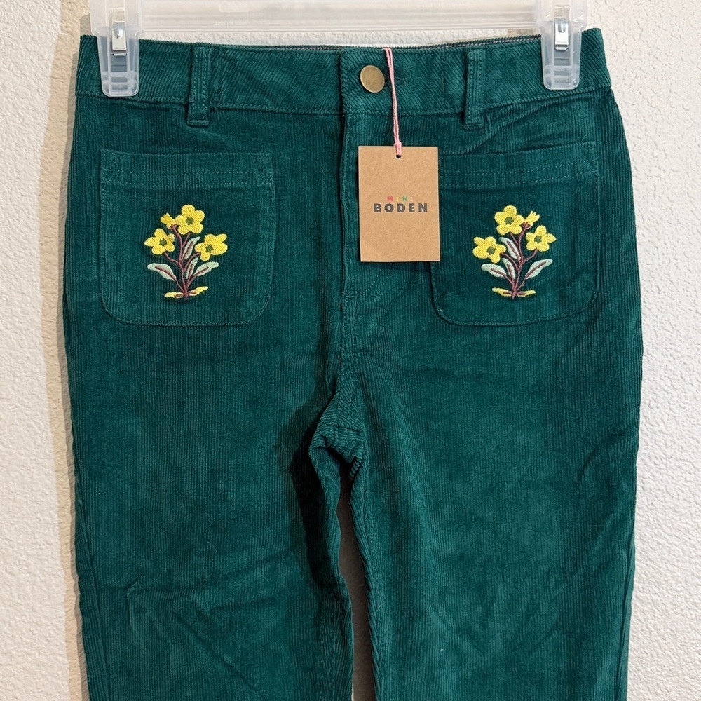 Mini Boden Green Corduroy Kick Flare Pants with Embroidered Flowers Easter - Picture 3 of 6